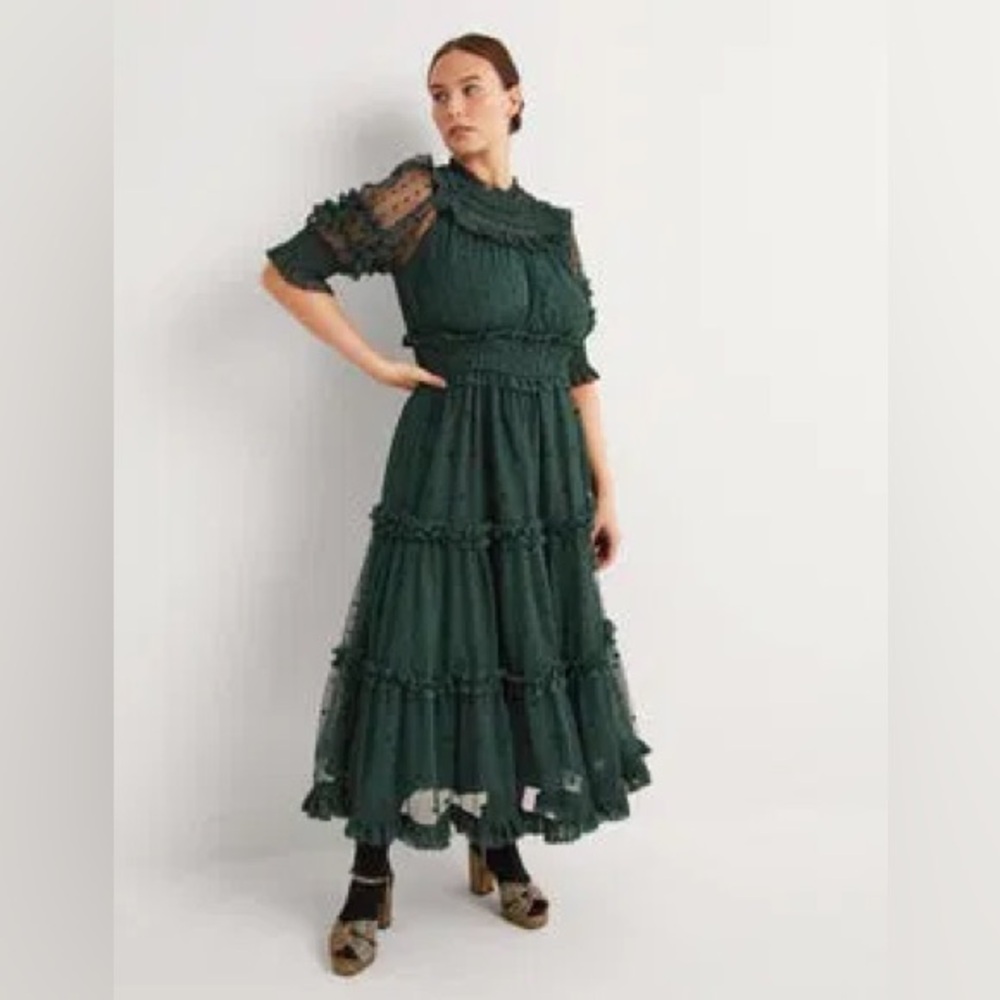 Boden Tulle Ruffle Midi Dress, Onyx Green NEW